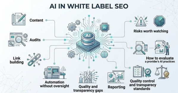 Infographic titled AI IN WHITE LABEL SEO illustrating AI integration across content, audits, link building, and reporting, alongside evaluation guidelines and risk mitigation frameworks.