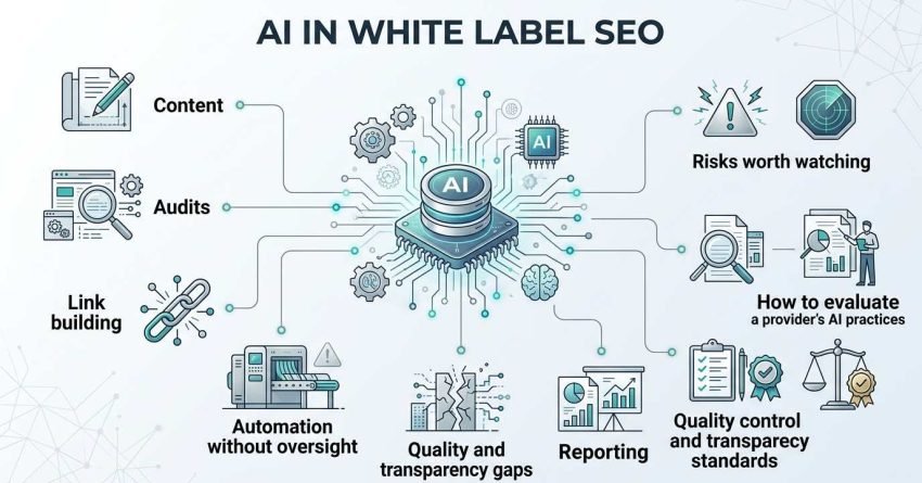 Infographic titled AI IN WHITE LABEL SEO illustrating AI integration across content, audits, link building, and reporting, alongside evaluation guidelines and risk mitigation frameworks.