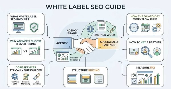 Infographic titled White Label SEO Guide detailing operational partnerships between agencies and specialized providers, covering workflows, partner vetting, services, pricing, and ROI.