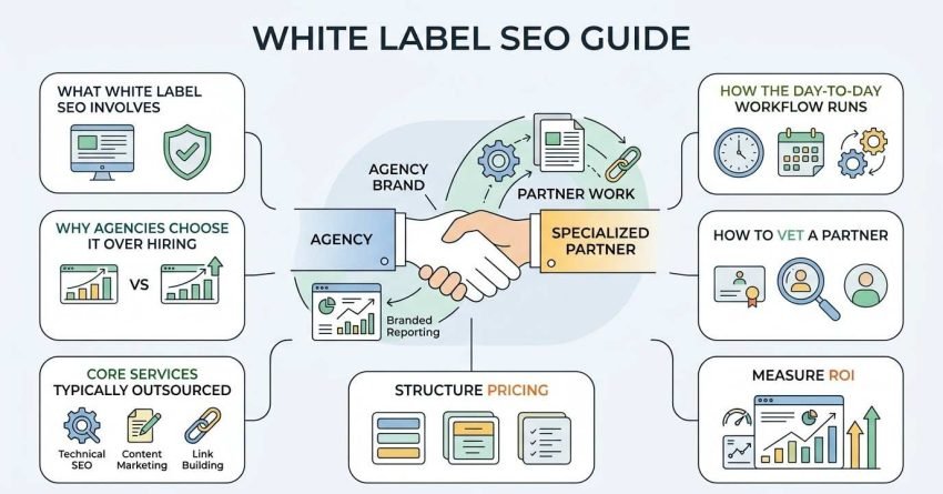 Infographic titled White Label SEO Guide detailing operational partnerships between agencies and specialized providers, covering workflows, partner vetting, services, pricing, and ROI.