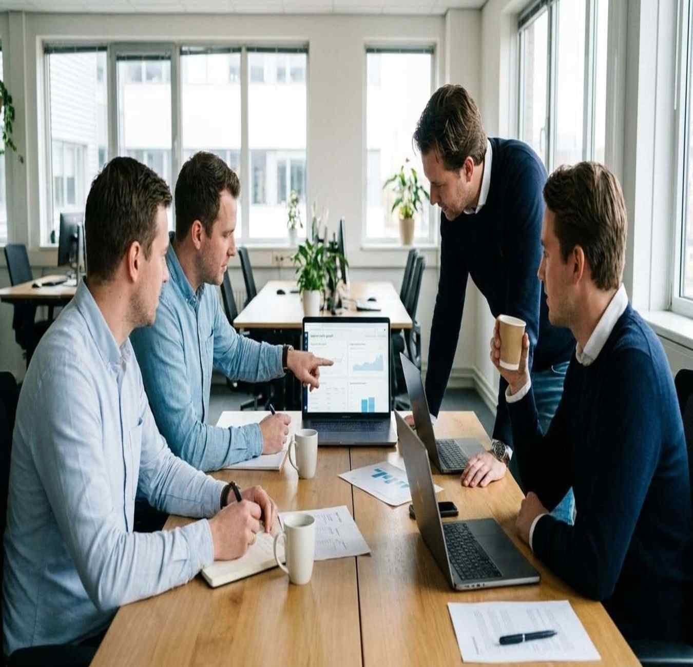 Four professional men collaborating at an office desk, analyzing performance metrics and traffic charts displayed on desktop monitors.