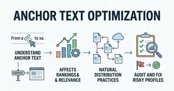 Infographic titled ANCHOR TEXT OPTIMIZATION detailing a four-stage horizontal workflow: 1. Understand Anchor Text (signpost pointing to a webpage, clickable link cursor), 2. Affects Rankings & Relevance (ascending bar chart with mechanical gear), 3. Natural Distribution Practices (network of interlinked documents and cloud asset), and 4. Audit and Fix Risky Profiles (clipboard audit checklist with magnifying glass, converting a red flag to a green checkmark).
