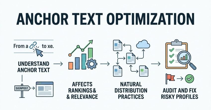 Infographic titled ANCHOR TEXT OPTIMIZATION detailing a four-stage horizontal workflow: 1. Understand Anchor Text (signpost pointing to a webpage, clickable link cursor), 2. Affects Rankings & Relevance (ascending bar chart with mechanical gear), 3. Natural Distribution Practices (network of interlinked documents and cloud asset), and 4. Audit and Fix Risky Profiles (clipboard audit checklist with magnifying glass, converting a red flag to a green checkmark).