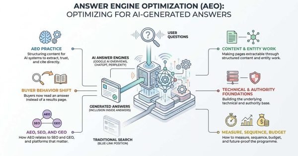 Answer Engine Optimization (AEO) infographic illustrating the process of structuring web content and entity authority for direct extraction and citation inside AI answer engines like Google AI Overviews, ChatGPT, and Perplexity.