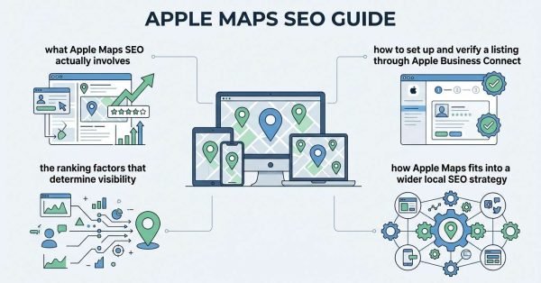 Infographic titled APPLE MAPS SEO GUIDE outlining what Apple Maps SEO actually involves, how to set up and verify a listing through Apple Business Connect, ranking factors that determine visibility, and how Apple Maps fits into a wider local SEO strategy around a multi-device desktop, tablet, and smartphone display.