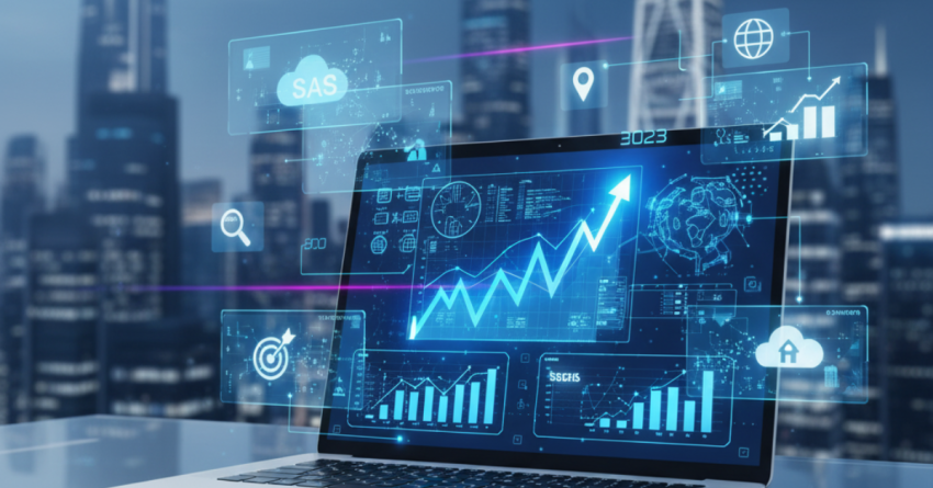 Futuristic digital concept showing SEO analytics, AI dashboards, and SaaS platforms representing 2025 B2B SEO growth.