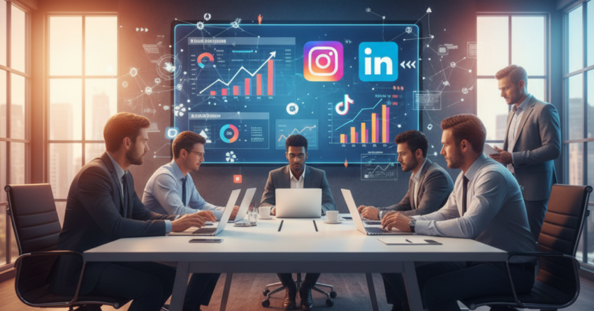 Digital marketing consultants collaborating on social media strategy with analytics dashboards in a modern office