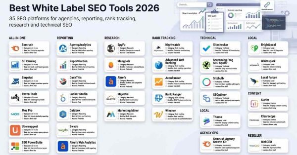 Market map infographic titled 'Best White Label SEO Tools 2026' listing 35 SEO platforms for agencies across categories including All-In-One, Reporting, Research, Rank Tracking, Technical, Local, Content, Agency Ops, and Reseller.
