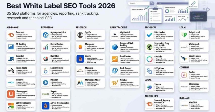 Market map infographic titled 'Best White Label SEO Tools 2026' listing 35 SEO platforms for agencies across categories including All-In-One, Reporting, Research, Rank Tracking, Technical, Local, Content, Agency Ops, and Reseller.