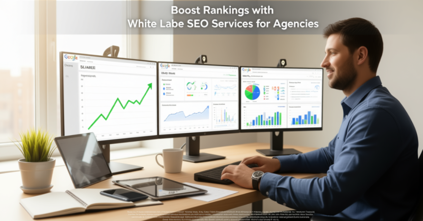 Male SEO professional reviewing ranking reports and client analytics dashboards to improve search visibility for agencies.