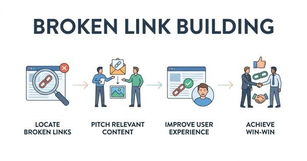 Infographic titled BROKEN LINK BUILDING illustrating a 4-step workflow: 1. Locate Broken Links (magnifying glass over dead link with red X on a webpage), 2. Pitch Relevant Content (two people sharing an email envelope with replacement asset), 3. Improve User Experience (webpage link verified with a green checkmark and smiling user), and 4. Achieve Win-Win (collaborative handshake, green link, and thumbs-up).