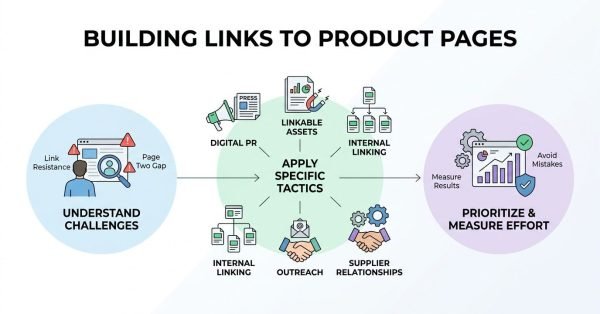 Infographic titled BUILDING LINKS TO PRODUCT PAGES illustrating a 3-stage strategic framework: 1. Understand Challenges (highlighting Link Resistance and Page Two Gap), 2. Apply Specific Tactics (routing through Linkable Assets, Digital PR, Internal Linking, Outreach, and Supplier Relationships), and 3. Prioritize & Measure Effort (focusing on Measure Results and Avoid Mistakes with performance dashboards and verification shields).