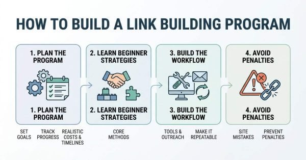 Infographic titled HOW TO BUILD A LINK BUILDING PROGRAM detailing four sequential phases: 1. Plan the Program (set goals, track progress, realistic costs & timelines), 2. Learn Beginner Strategies (core methods), 3. Build the Workflow (tools & outreach, make it repeatable), and 4. Avoid Penalties (site mistakes, prevent penalties)