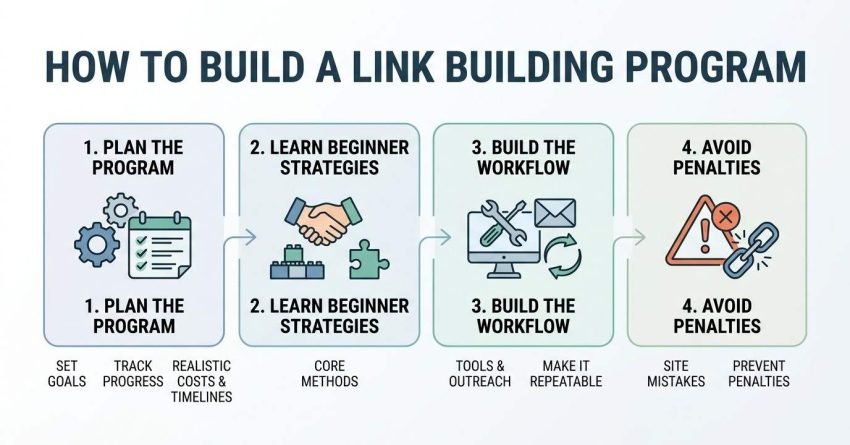 Infographic titled HOW TO BUILD A LINK BUILDING PROGRAM detailing four sequential phases: 1. Plan the Program (set goals, track progress, realistic costs & timelines), 2. Learn Beginner Strategies (core methods), 3. Build the Workflow (tools & outreach, make it repeatable), and 4. Avoid Penalties (site mistakes, prevent penalties)