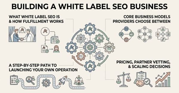 Infographic titled Building a White Label SEO Business outlining what white-label SEO is, fulfillment workflows, core business models, pricing, partner vetting, scaling decisions, and a step-by-step path to launch.