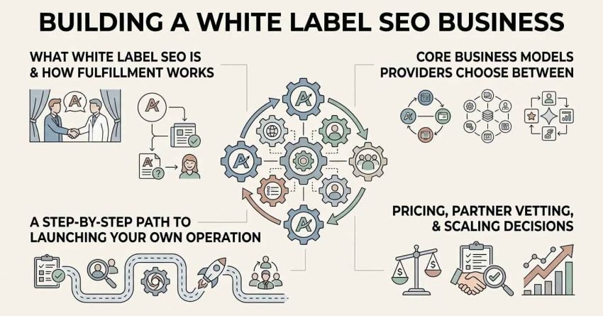 Infographic titled Building a White Label SEO Business outlining what white-label SEO is, fulfillment workflows, core business models, pricing, partner vetting, scaling decisions, and a step-by-step path to launch.