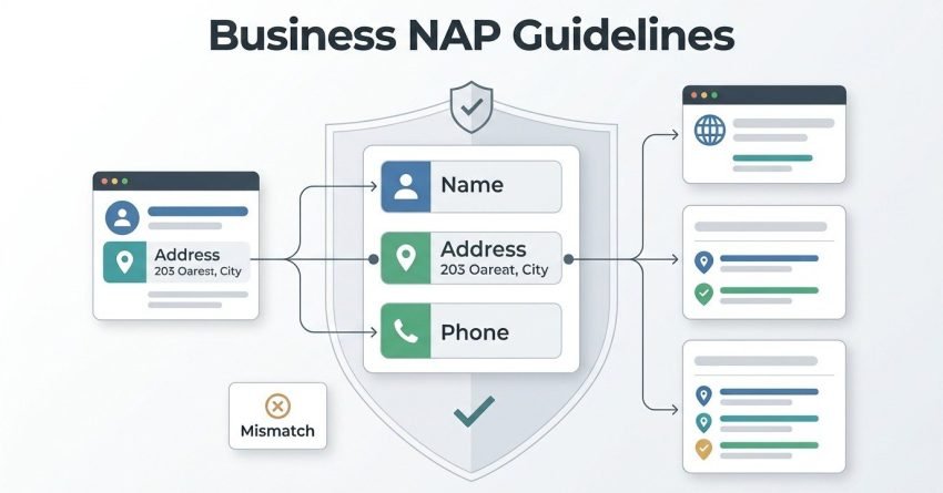 Infographic explaining business NAP guidelines, showing how consistent Name, Address, and Phone information should match across websites and online business listings.
