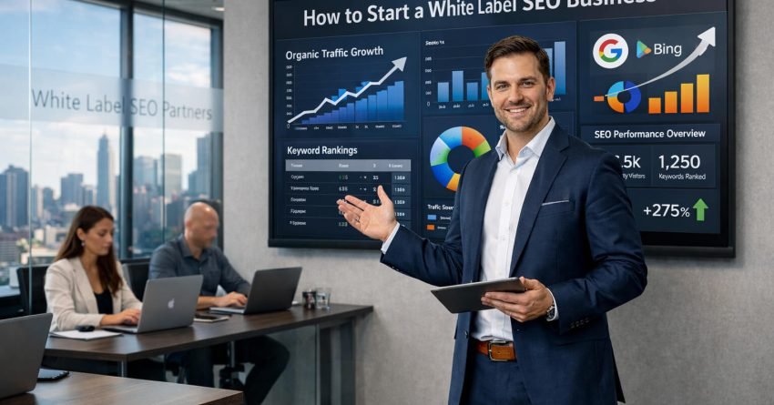 Business presenter in a modern office pointing to a large screen titled “How to Start a White Label SEO Business,” showing traffic growth, keyword rankings, and search engine metrics, while teammates work at laptops near city-view windows.