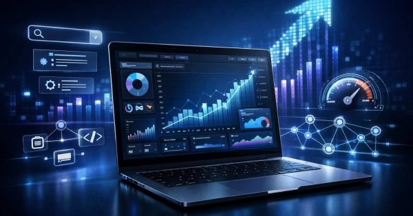 Laptop displaying a data analytics dashboard with rising graphs, charts, and performance metrics, surrounded by glowing SEO and network icons, a speed gauge, code symbols, and an upward arrow representing digital growth in a dark, futuristic setting.