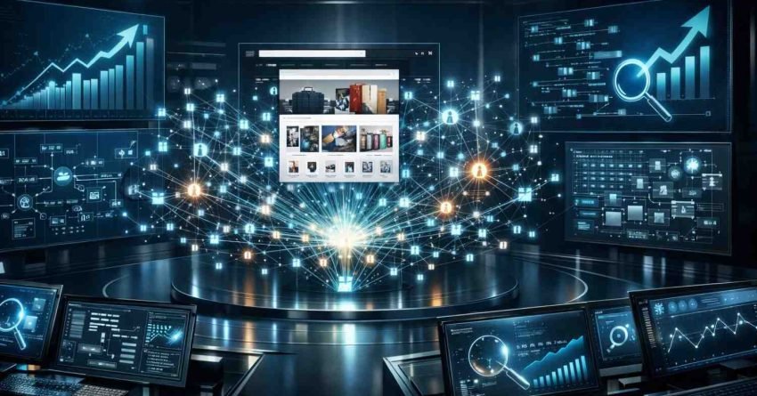 Futuristic command center with a central ecommerce website display surrounded by glowing network nodes, user icons, SEO analytics screens, rising charts, magnifying glass symbols, and data dashboards visualizing search visibility and digital growth.