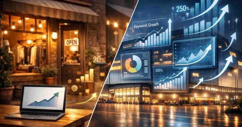 Split image showing a small boutique with a laptop and modest sales growth on one side, contrasted with a large commercial building overlaid with dramatic SEO dashboards, keyword growth charts, and soaring performance arrows, illustrating business scaling through search optimization.