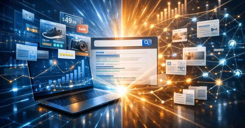 A dramatic split-screen digital illustration showing a laptop with ecommerce product cards, prices, star ratings, charts, and a central search results page on the left, while the right side features glowing interconnected web pages and data nodes, symbolizing SEO, content networks, and search-driven growth.