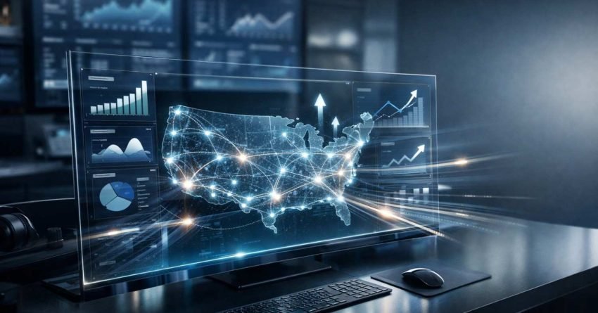 A high-tech workstation with a transparent widescreen display showing a glowing network map of the United States surrounded by analytics dashboards, upward-trending graphs, and charts, representing nationwide SEO performance, traffic growth, and data-driven strategy.