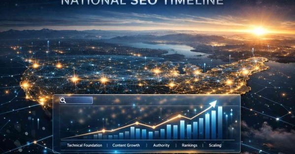 A cinematic illustration titled “National SEO Timeline” showing a glowing aerial landscape with connected city lights and data lines, overlaid with a rising bar-and-line chart labeled technical foundation, content growth, authority, rankings, and scaling, representing long-term nationwide SEO progress.