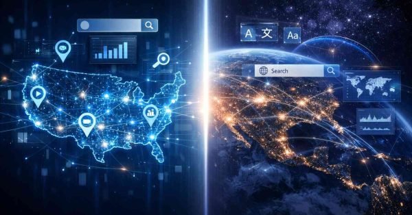 A split-screen digital scene showing a glowing U.S. map with location pins, search bars, and analytics icons on the left, and a view of Earth with global search interfaces, language symbols, and traffic charts on the right, illustrating national versus international SEO and worldwide expansion.