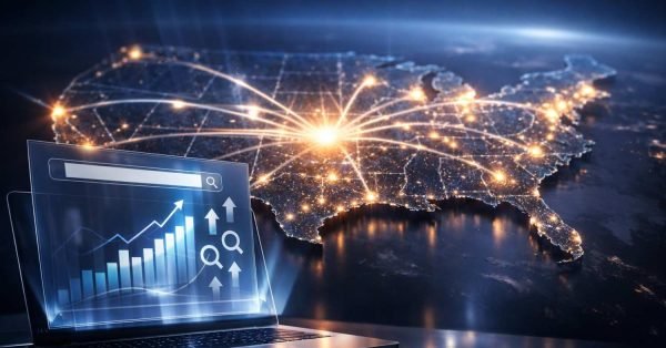 A glowing nighttime map of the United States with bright connection lines radiating from a central hub, paired with a laptop displaying rising search and traffic charts, symbolizing nationwide SEO reach, networked visibility, and organic growth performance.