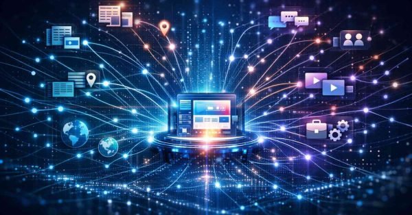 A glowing central computer screen sits on a circular platform with radiant data lines spreading outward, connecting to floating icons for documents, maps, chat messages, videos, users, tools, and globes, symbolizing a digital content hub, data distribution, and networked online marketing ecosystem.