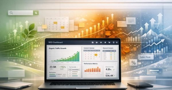 Laptop on a desk displaying an SEO dashboard with organic traffic growth, keyword analysis, content calendar, and performance metrics, set against a glowing background of upward charts, seasonal visuals, arrows, and icons symbolizing digital marketing success, sales growth, and data-driven business optimization.
