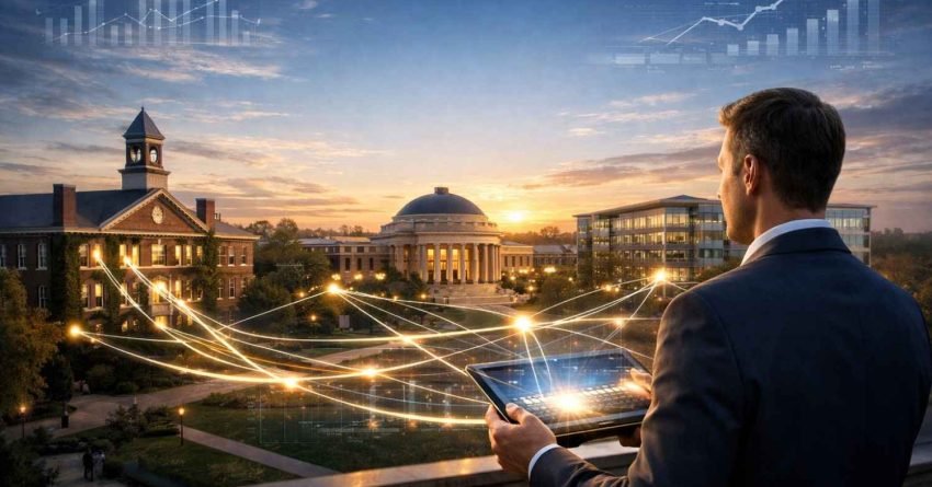 A business professional overlooks a university campus at sunset while holding a tablet, as glowing digital network lines and upward-trending charts stretch across buildings and pathways, representing SEO analytics, data connectivity, and search performance growth.
