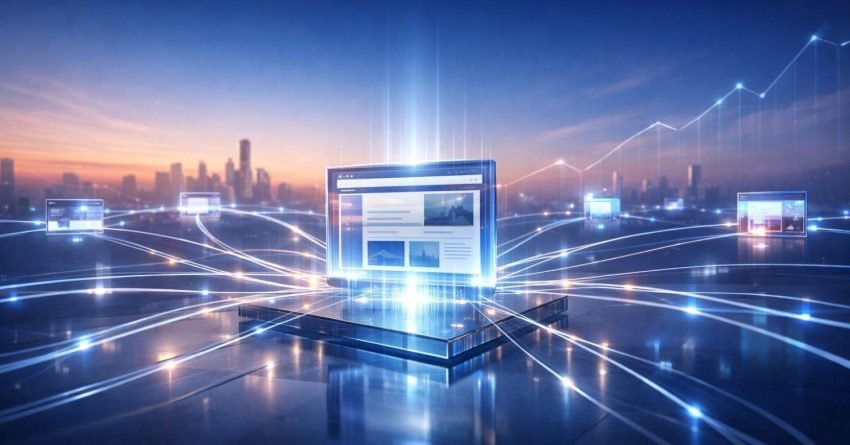 Futuristic city skyline at sunset with a glowing central web page interface on a platform, connected by bright data lines to multiple floating screens and an upward-trending graph in the background, symbolizing content distribution, digital networks, and SEO growth.