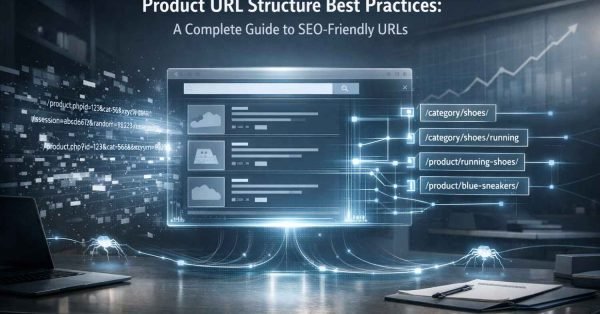 A futuristic SEO illustration titled “Product URL Structure Best Practices” shows a glowing browser window connected to clean category and product URLs, replacing messy parameters, with data streams, crawl spiders, and rising charts, symbolizing SEO-friendly ecommerce architecture and performance growth.