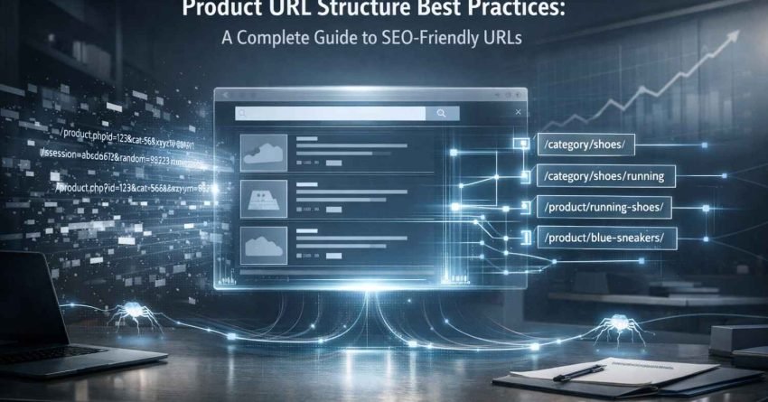 A futuristic SEO illustration titled “Product URL Structure Best Practices” shows a glowing browser window connected to clean category and product URLs, replacing messy parameters, with data streams, crawl spiders, and rising charts, symbolizing SEO-friendly ecommerce architecture and performance growth.