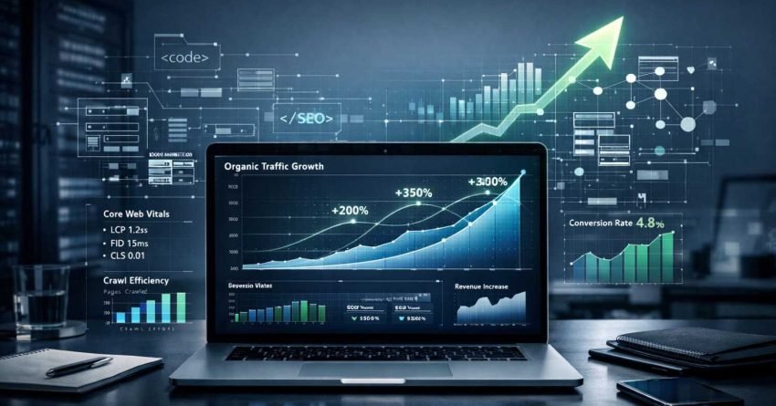 A laptop on a modern desk displays an SEO analytics dashboard showing organic traffic growth, rising charts, and performance metrics like Core Web Vitals and conversion rate. Futuristic data overlays and an upward arrow symbolize website optimization, search engine success, and business growth.