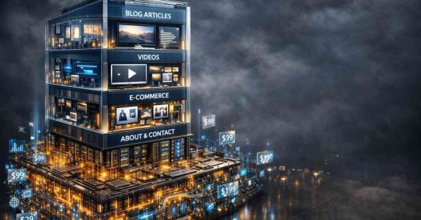 A futuristic, multi-level digital building represents a website structure, with labeled sections for blog articles, videos, e-commerce, and contact pages. Glowing data circuits, pricing tags, and screens illustrate monetization, content strategy, and scalable online business architecture.