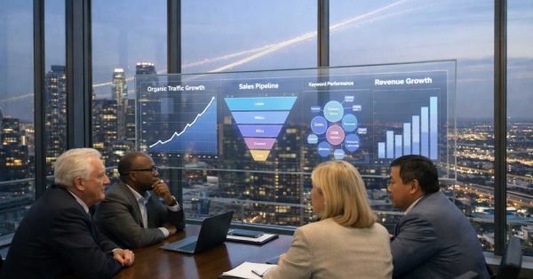 Business team meeting in a modern office overlooking a city at night, reviewing a transparent analytics dashboard showing organic traffic growth, sales pipeline stages, keyword performance, and revenue growth charts, representing data-driven SEO strategy and executive decision-making.