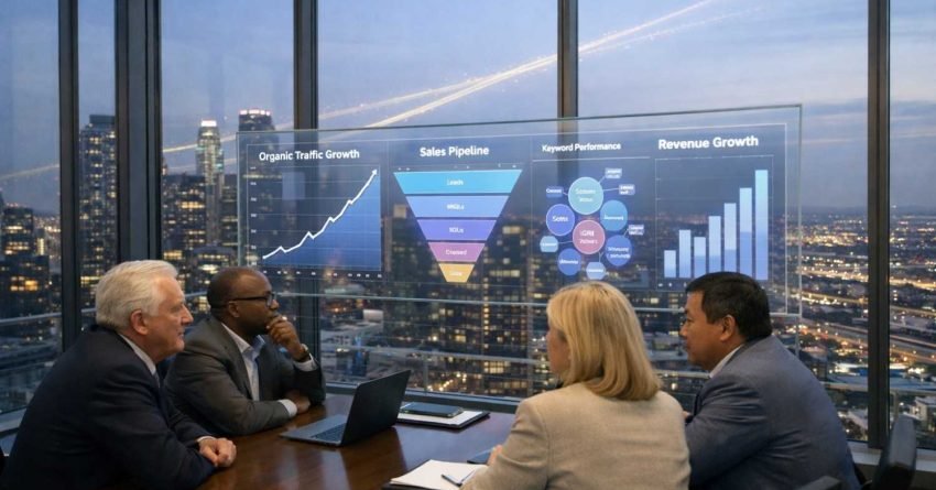 Business team meeting in a modern office overlooking a city at night, reviewing a transparent analytics dashboard showing organic traffic growth, sales pipeline stages, keyword performance, and revenue growth charts, representing data-driven SEO strategy and executive decision-making.