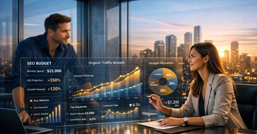Two business professionals discuss SEO strategy in a modern office with a city skyline at sunset, reviewing a transparent analytics dashboard showing SEO budget, organic traffic growth, keyword rankings, budget allocation, conversion rates, and projected ROI, highlighting data-driven decision-making and growth planning.