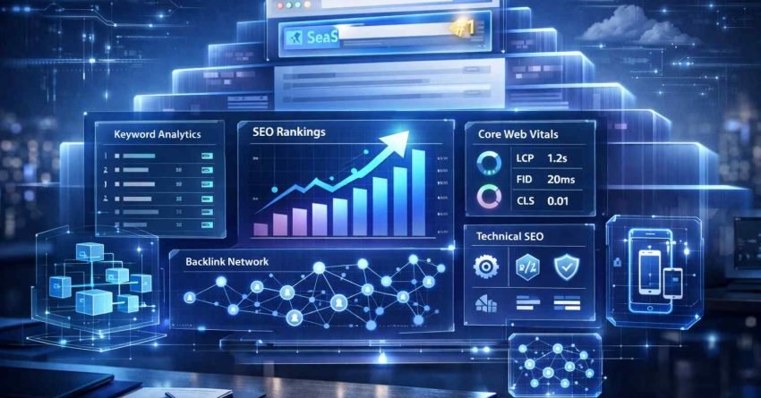 Futuristic SEO analytics dashboard showing keyword analytics, rising SEO rankings, Core Web Vitals metrics, backlink network visualization, and technical SEO indicators, with a search result ranked number one, representing advanced SaaS SEO performance, optimization, and data-driven growth.