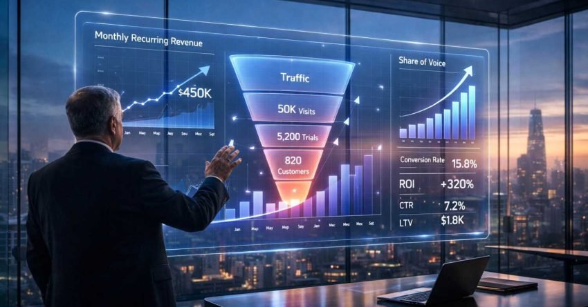 Executive analyzing a futuristic holographic analytics dashboard in a high-rise office, showing monthly recurring revenue growth, traffic-to-customer funnel, share of voice, conversion rates, ROI, and lifetime value, with a city skyline at dusk highlighting data-driven SaaS growth strategy.