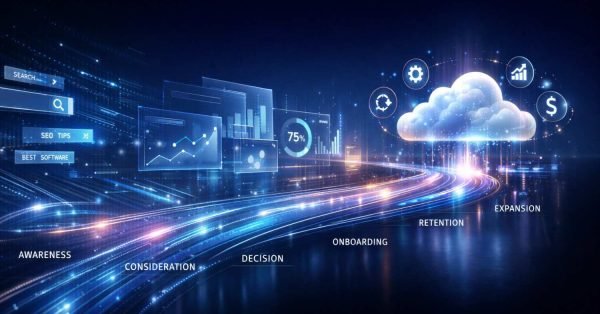 Futuristic illustration of a SaaS growth journey showing awareness, consideration, decision, onboarding, retention, and expansion. Data dashboards, SEO analytics, and a glowing cloud platform represent cloud-based SaaS growth, optimization, revenue expansion, and data-driven customer lifecycle progression.