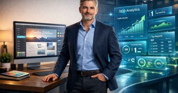 A confident professional stands beside a desk with web design software while glowing SEO analytics dashboards behind him display traffic growth, top rankings, keywords, and conversion metrics, representing the fusion of creative design and data-driven digital marketing strategy.