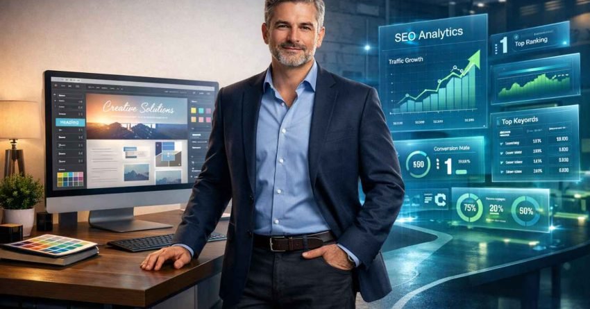 A confident professional stands beside a desk with web design software while glowing SEO analytics dashboards behind him display traffic growth, top rankings, keywords, and conversion metrics, representing the fusion of creative design and data-driven digital marketing strategy.
