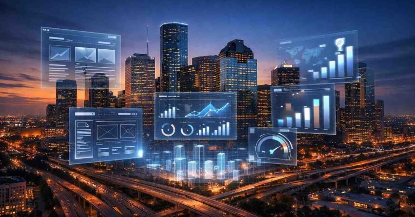 Nighttime city skyline with illuminated skyscrapers and highway interchanges, overlaid by floating transparent analytics dashboards showing charts, gauges, and bar graphs, suggesting smart infrastructure, real-time data monitoring, and AI-powered urban business intelligence systems.