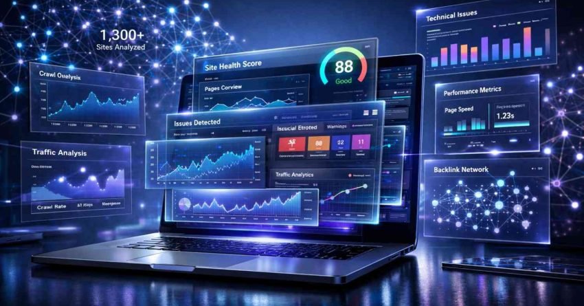 Futuristic laptop displaying SEO and analytics dashboards with floating holographic charts showing site health score, traffic analysis, crawl data, technical issues, performance metrics, and backlink networks, plus glowing data nodes and “1,300+ sites analyzed” text in the background.