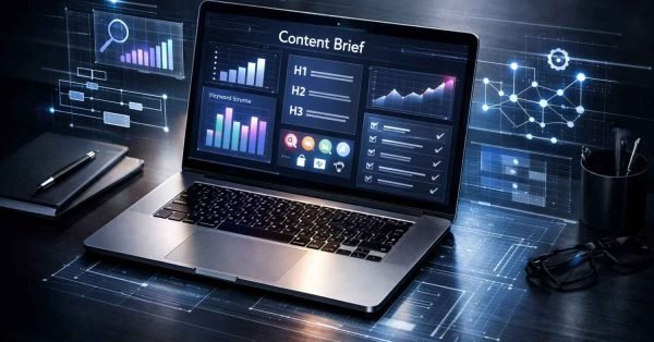 A laptop on a dark desk displays a digital “Content Brief” dashboard with charts, keyword data, headings, and checklists, surrounded by floating holographic analytics panels, graphs, and network diagrams, alongside a notebook, pen, glasses, and office accessories.