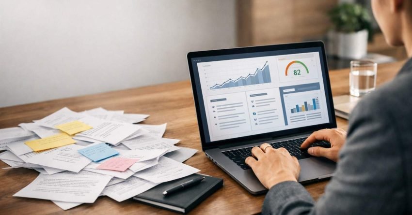 A person types on a laptop displaying analytics dashboards with rising charts and an 82 score gauge, while a desk nearby holds scattered papers with sticky notes, a notebook, and a pen, suggesting data analysis and performance review work.